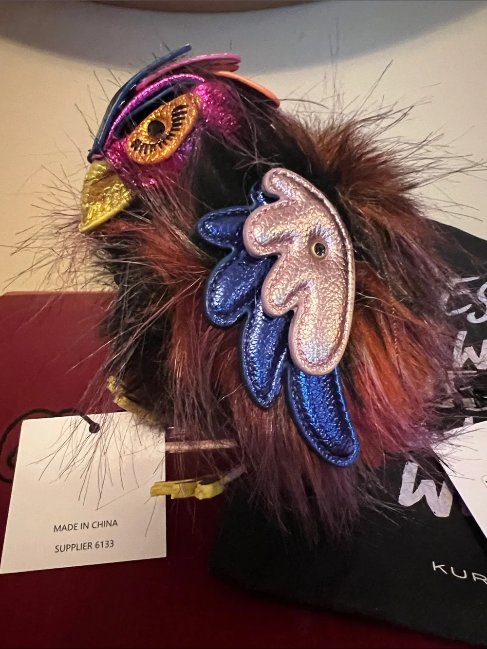 Kurt Geiger Brown Furry Pom PoM Bird bag charm - Picture 2 of 6